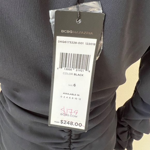 BCBGMaxAzaria Long Sleeve Midi Dress Size 6 Black Ruching Cocktail Bodycon - Picture 3 of 14